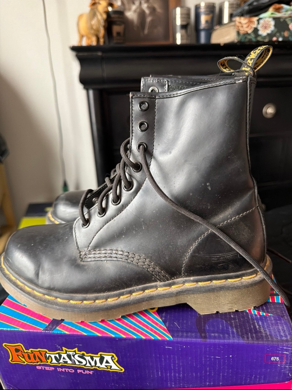 Dr. Martens Black Leather 8-Eye Lace-Up Boots with Yellow Stitching